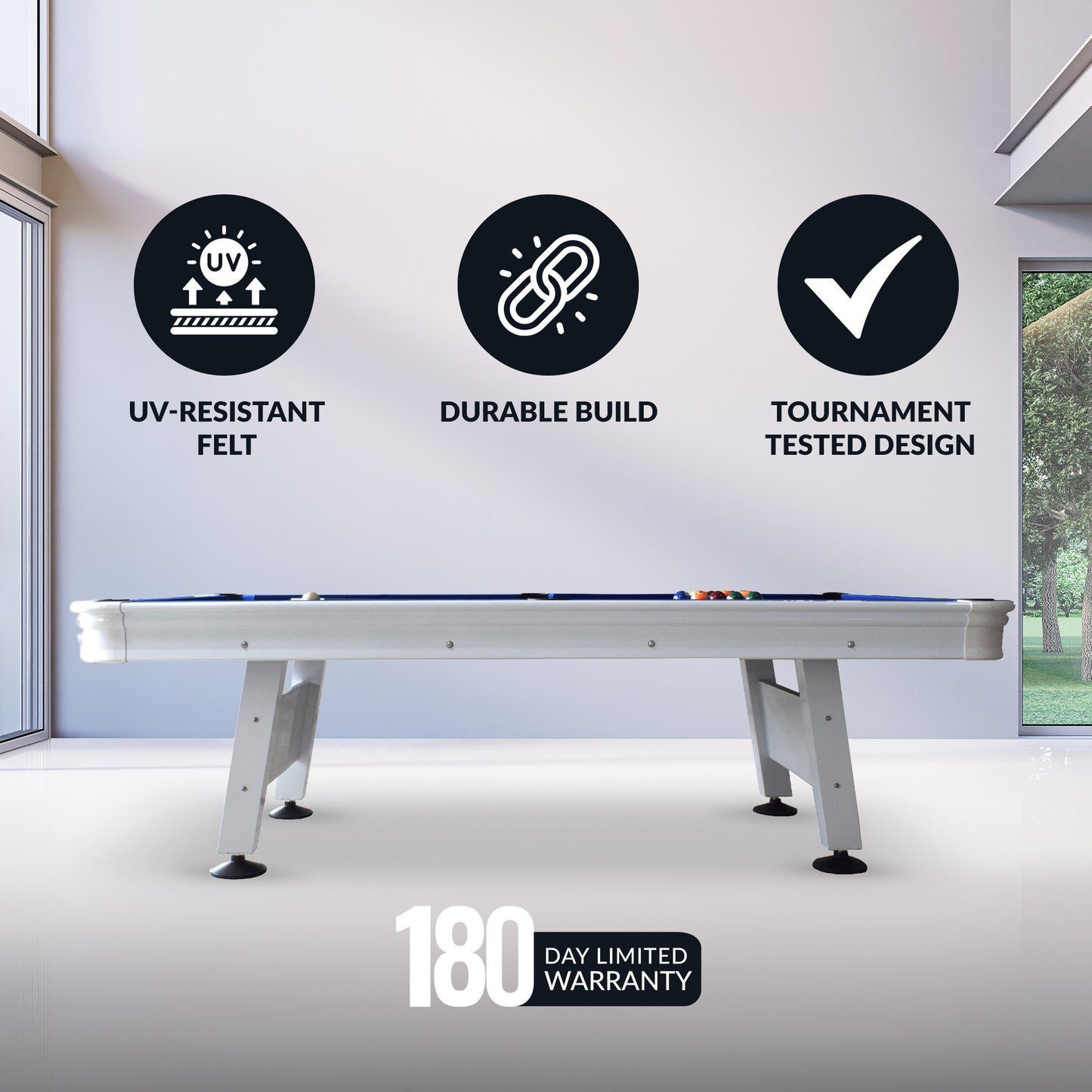 Alpine 8' Outdoor Pool Table - White / Blue Felt